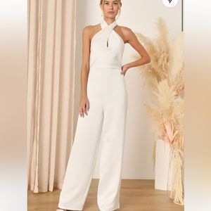 Lulu’s Beyond Classy White Satin Halter Wie-Leg Jumpsuit.
